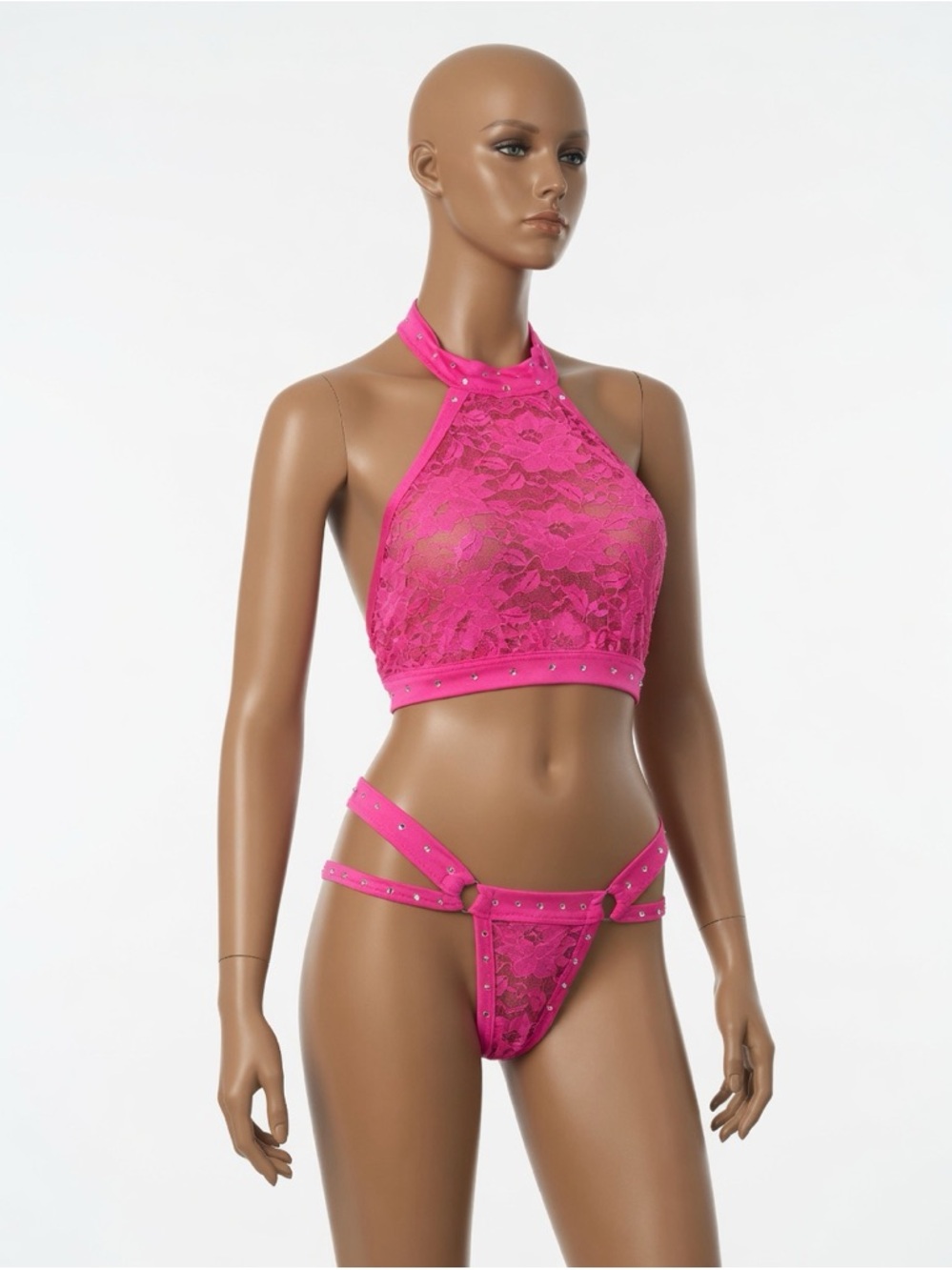 Hot Pink Lace Halter Bralette & Strappy Thong Set